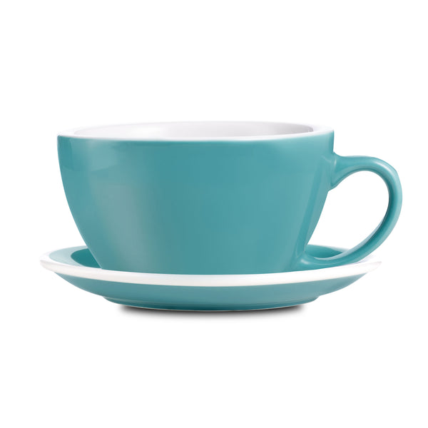 teal egg shaped latte cup and saucer