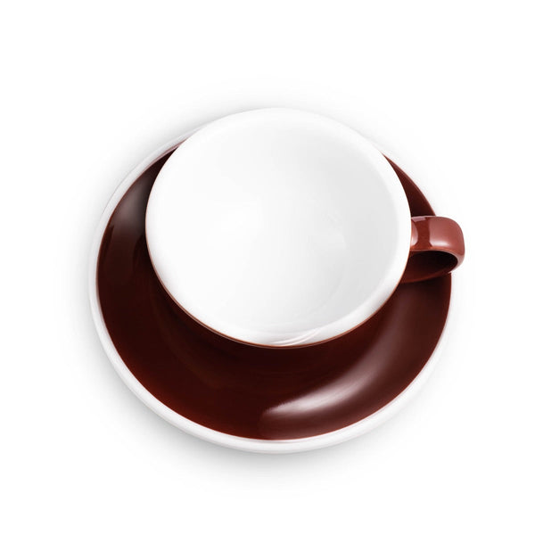 brown egg shaped cappuccino cup and saucer