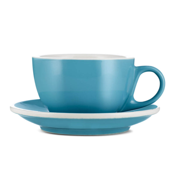 blue 12 ounce latte cup and saucer