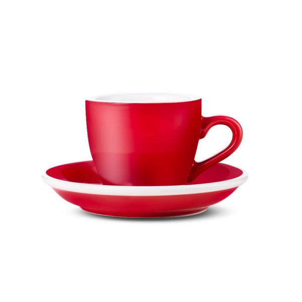 red egg shaped espresso cup and saucer