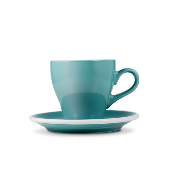 tulip shaped latte cup in teal with saucer