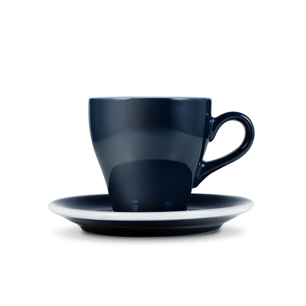 tulip shaped latte cup in denim with saucer