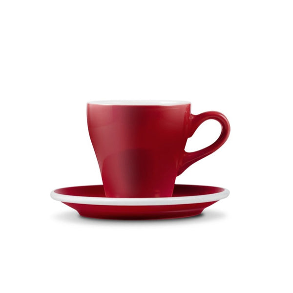 red tulip shaped espresso cup and saucer
