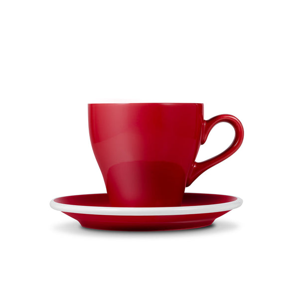 tulip shaped latte cup in red with saucer