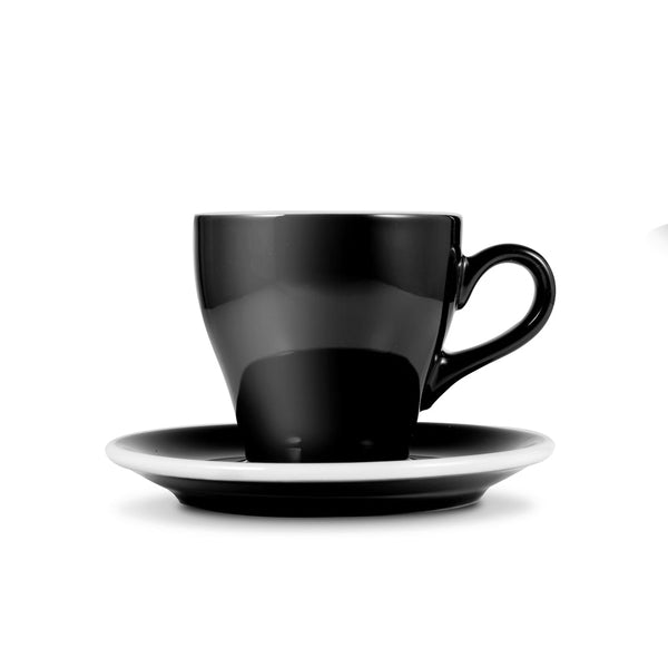 tulip shaped latte cup in black with saucer