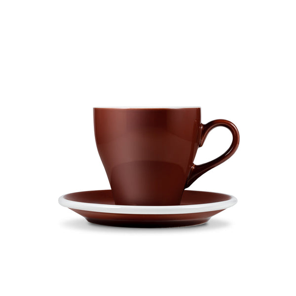 tulip shaped cappuccino cup and saucer brown