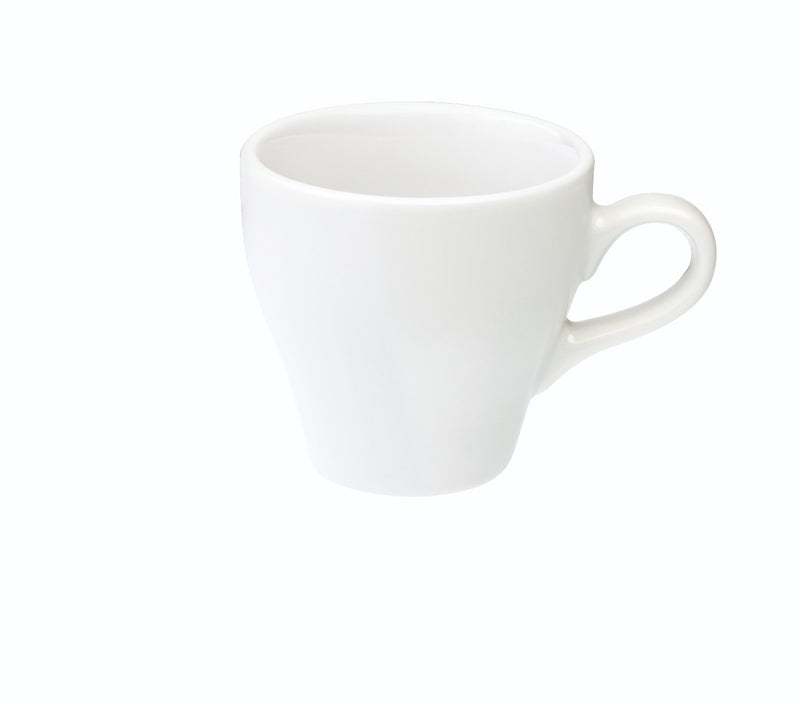 white tulip shaped latte cup and saucer
