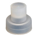 A translucent frosted plastic cap or connector piece with a cylindrical top and a wider flared base, shown on a plain white background.