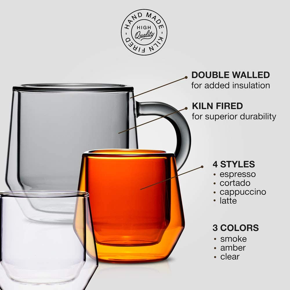 Double Walled Glass Coffee Mugs, Set of 2 Smoke / 4OZ