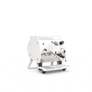 A white commercial espresso machine with stainless steel components, shown from a three-quarters angle on a seamless white background.