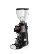 A black commercial espresso grinder with a clear hopper, digital touch screen interface, and chrome accents, shown on a solid white background.