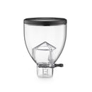 Clear glass feeder with black lid on a white background