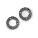 Two metallic grinder burrs on a white background