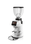 A white and black commercial espresso grinder with a digital touch screen display, clear hopper, and chrome drip tray, shown on a solid white background.