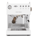 White coffee machine with wooden handle on a white background