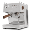 Silver espresso machine with wooden handle on a white background