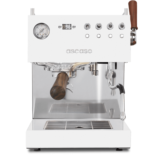 White espresso machine with wooden handles on a white background