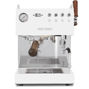 White espresso machine with wooden handles on a white background
