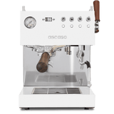 White espresso machine with wooden handles on a white background
