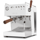 White espresso machine with wooden handles on a white background