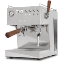 Stainless steel espresso machine with wooden handles on a white background