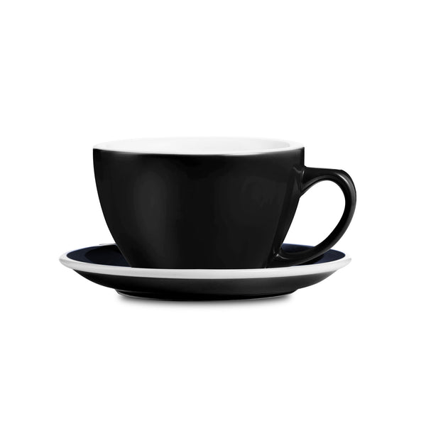 black egg shaped cappuccino cup and saucer