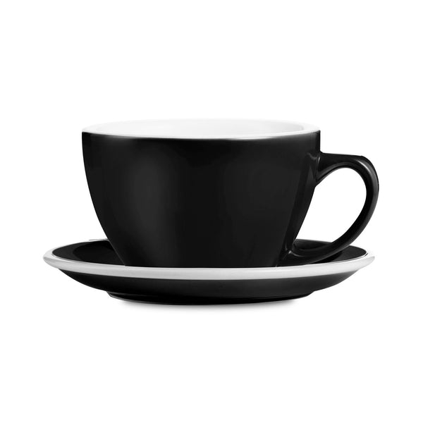 black egg shaped latte cup and saucer