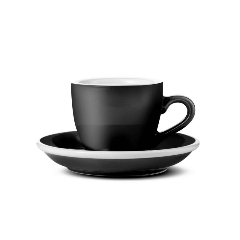 black egg shaped espresso cup and saucer