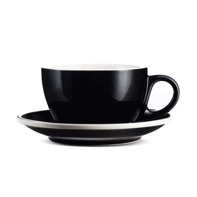 black 12 ounce latte cup and saucer set