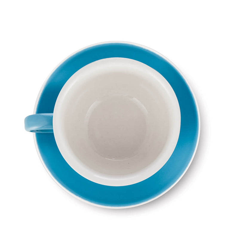 blue 12 ounce latte cup and saucer