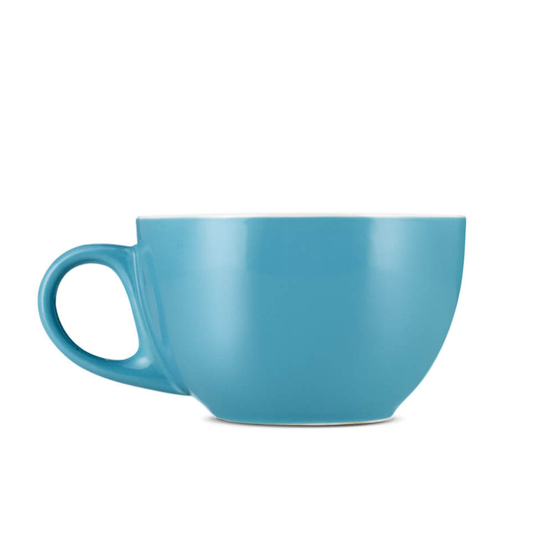 blue 12 ounce latte cup and saucer