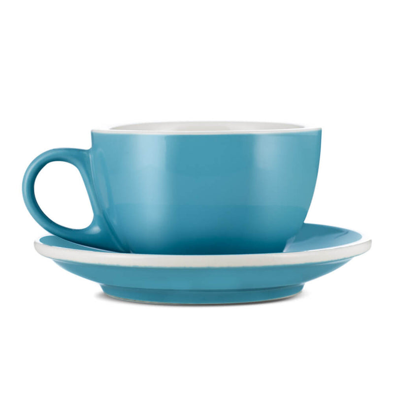 blue 8 ounce latte cup and saucer set