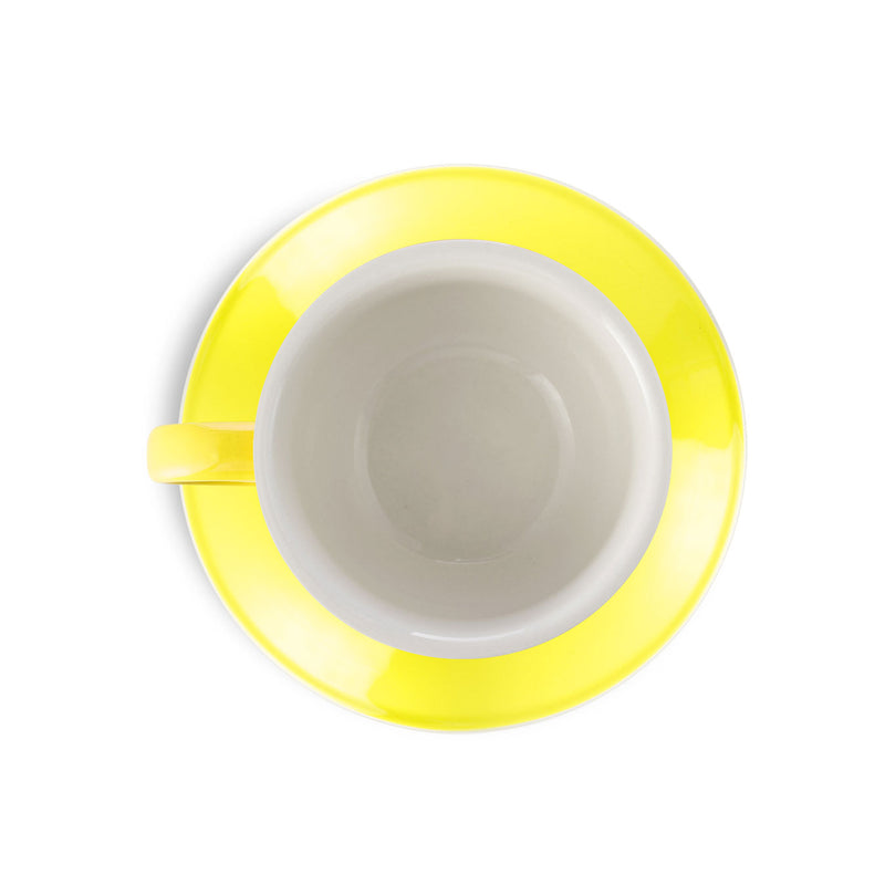 yellow 8 ounce latte cup and saucer