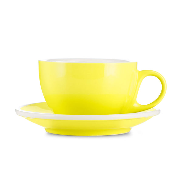 yellow 8 ounce latte cup and saucer