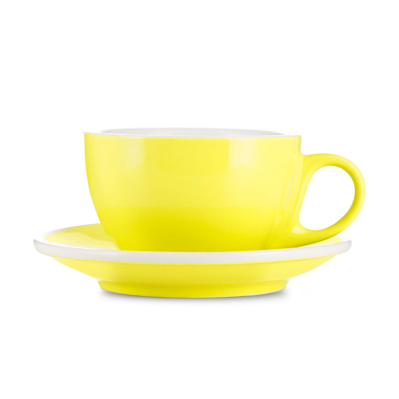 yellow 8 ounce latte cup and saucer