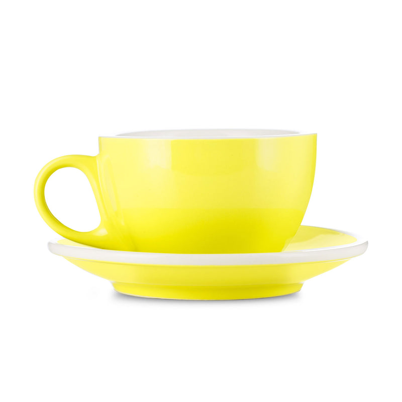 yellow 8 ounce latte cup and saucer