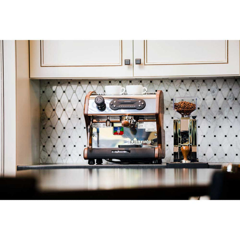 lucca a53 direct espresso machine with walnut panels