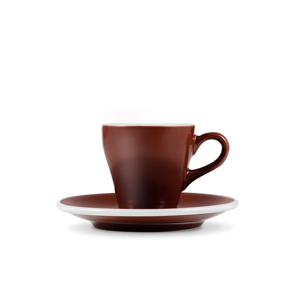 brown tulip shaped espresso cup and saucer