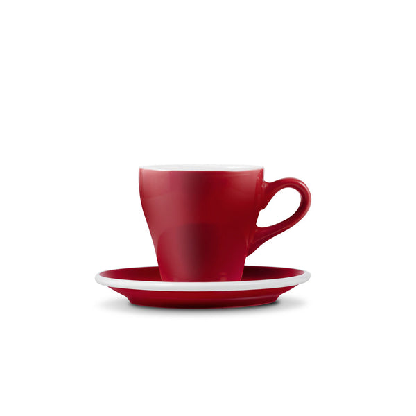 red tulip shaped espresso cup and saucer