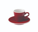 red tulip shaped espresso cup and saucer