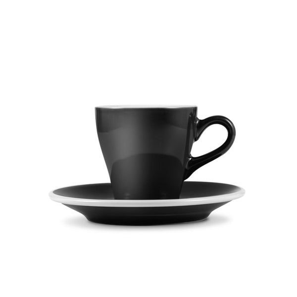 black tulip shaped espresso cup and saucer