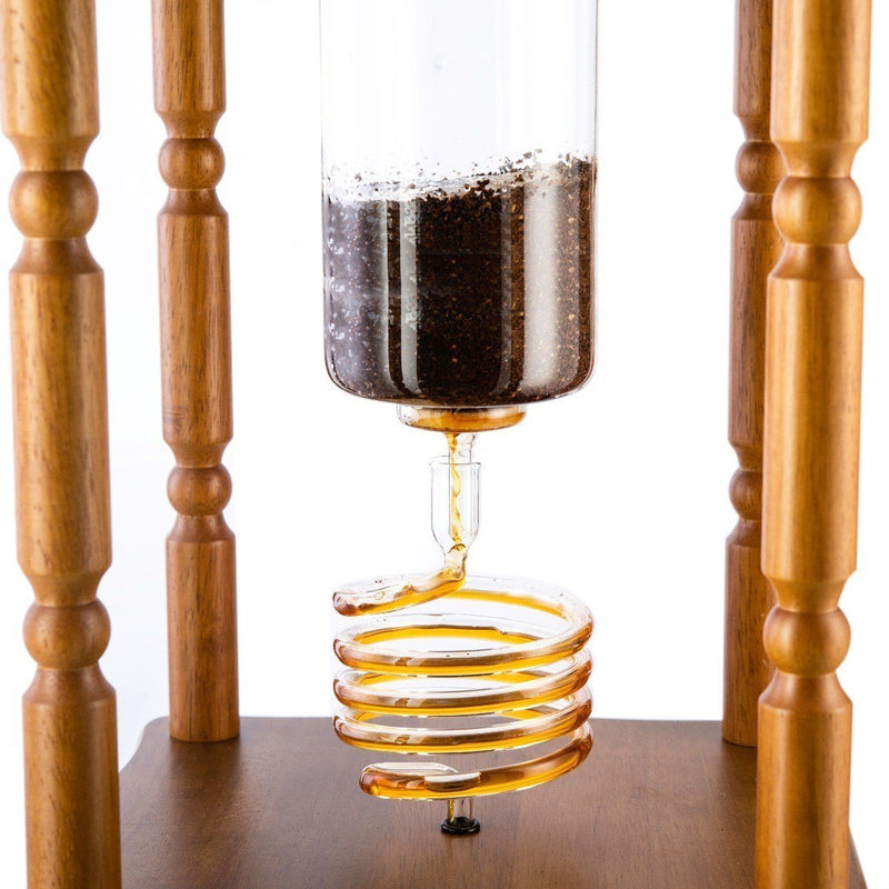 Cold Brew Riser Yama Glass Cold Brew Tower – Curved Brown Wood Frame – 25 Cup (100 oz)