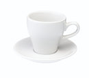 white tulip shaped latte cup and saucer
